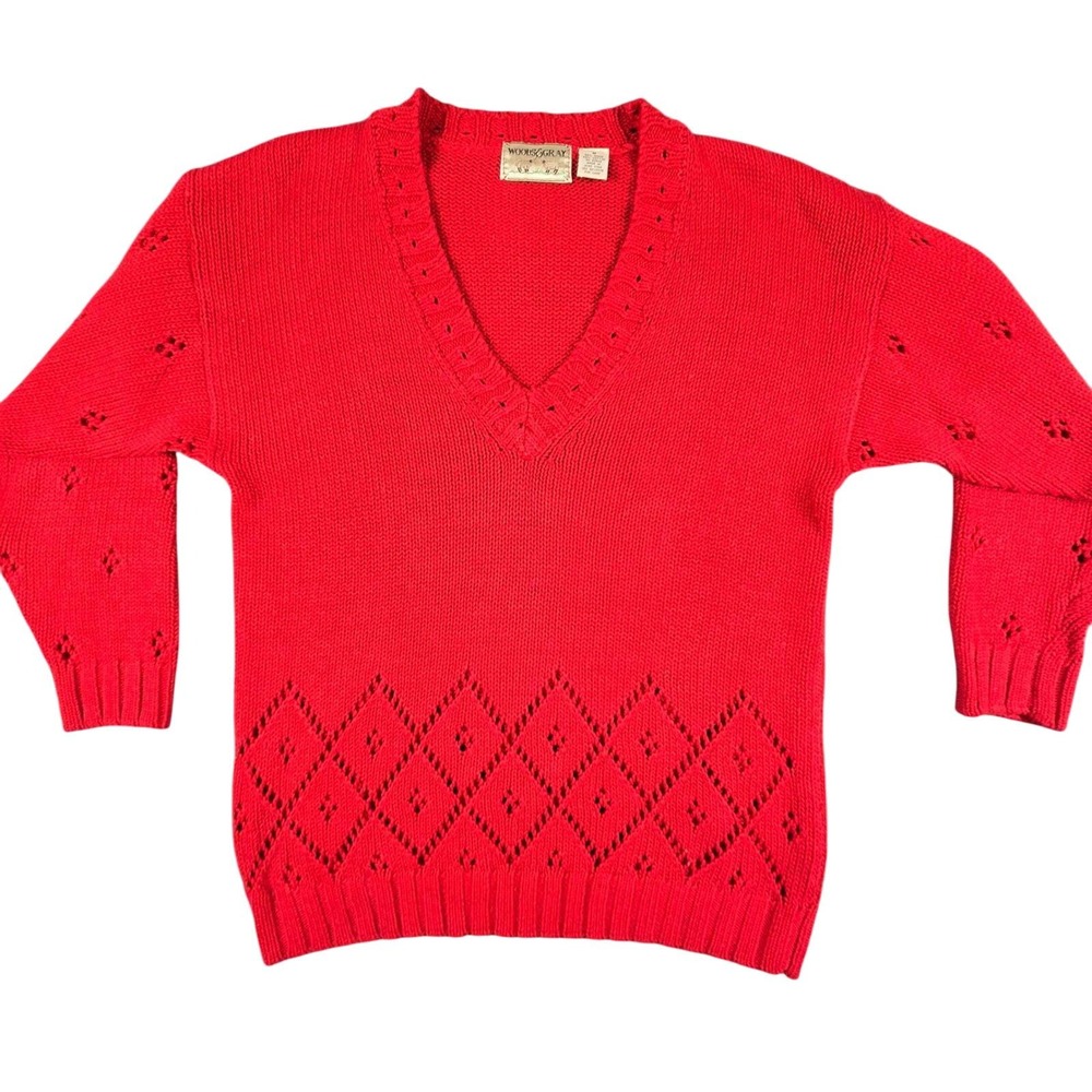 Vintage Woods & Gray V-Neck Sweater Womens Medium Red Ramie Cotton Pointelle